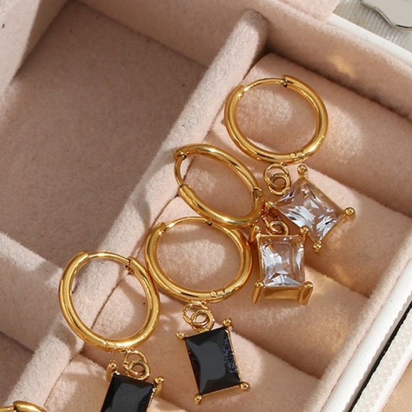 Clear Rectangle Zirconia Gemstone Hoop Earrings 18K Gold Plated Stainless Steel - Picture 6 of 9